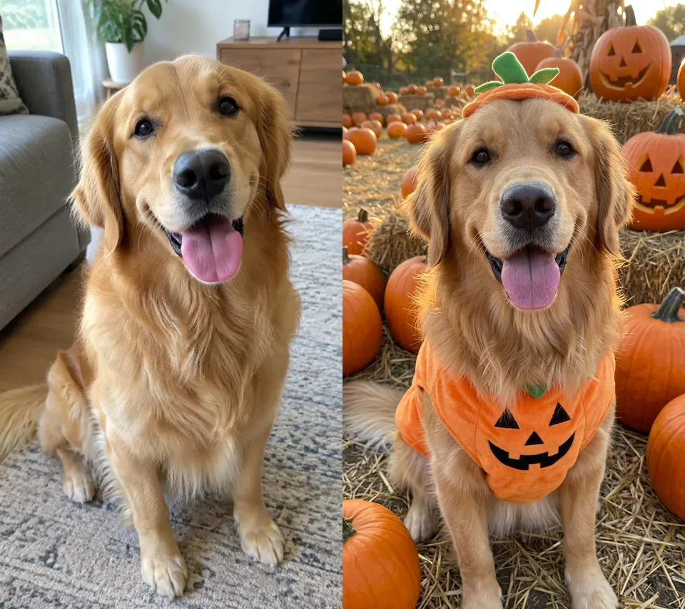 Golden retriever wearing a pumpkin costume