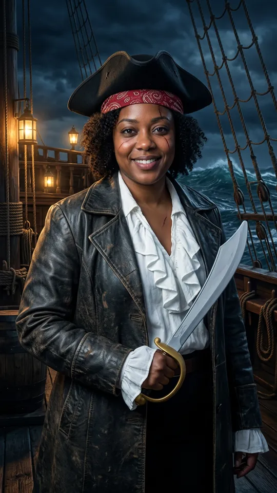 Black tricorn hat, red bandana, white shirt, dark coat, toy cutlass, stormy ship deck.