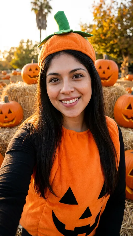 Round orange pumpkin suit, green stem hat, face visible, golden hour pumpkin patch with hay.