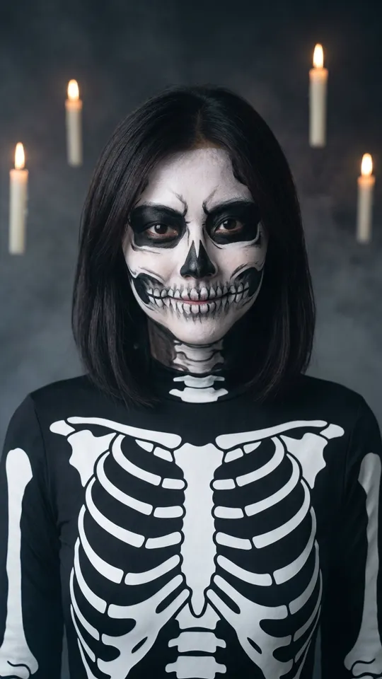Black bodysuit with white bones, skull face paint, dark background with fog, floating candles.