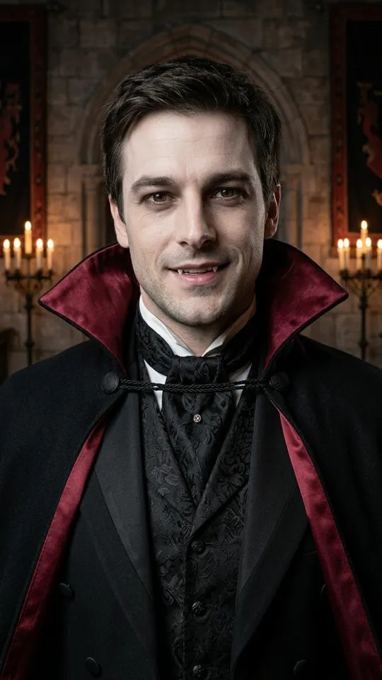 Black high-collar cape, red lining, dark Victorian suit, small fangs, gothic castle hall.