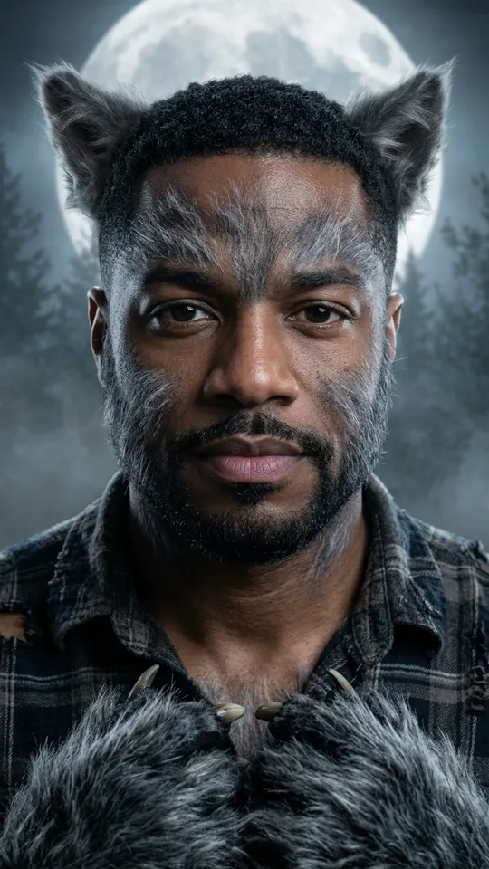 Furry wolf ears, light cheek fur makeup, torn flannel shirt, furry gloves, misty forest.