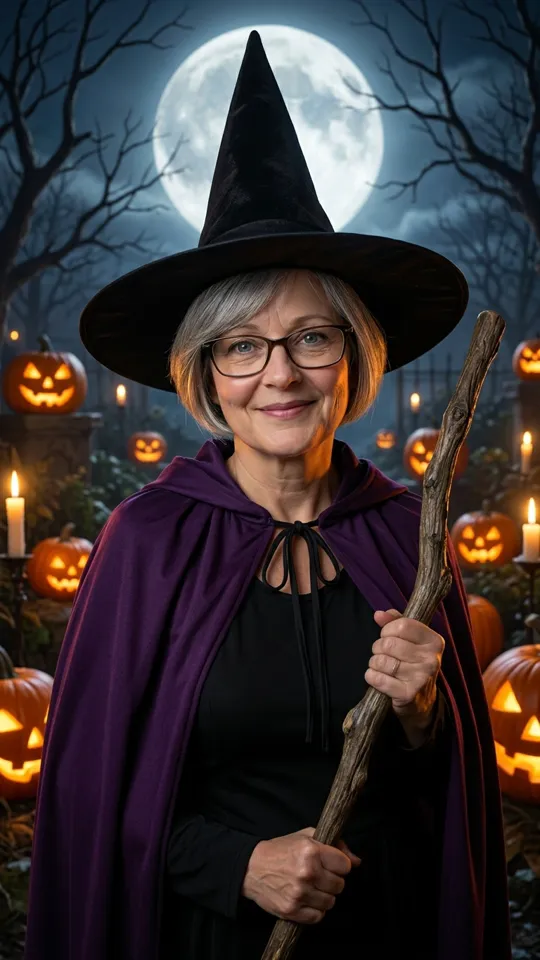 Tall pointed black hat, dark robe with purple cape, broom, full moon, jack-o'-lanterns.