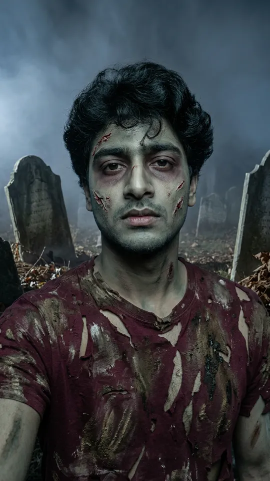 Torn dirty clothes, pale gray-green makeup, dark circles, fake scars, foggy graveyard at night.