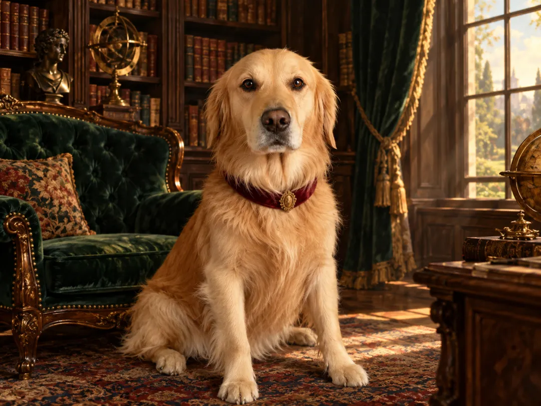 Dark wood shelves, a green velvet chair, a tall window and a simple velvet collar.