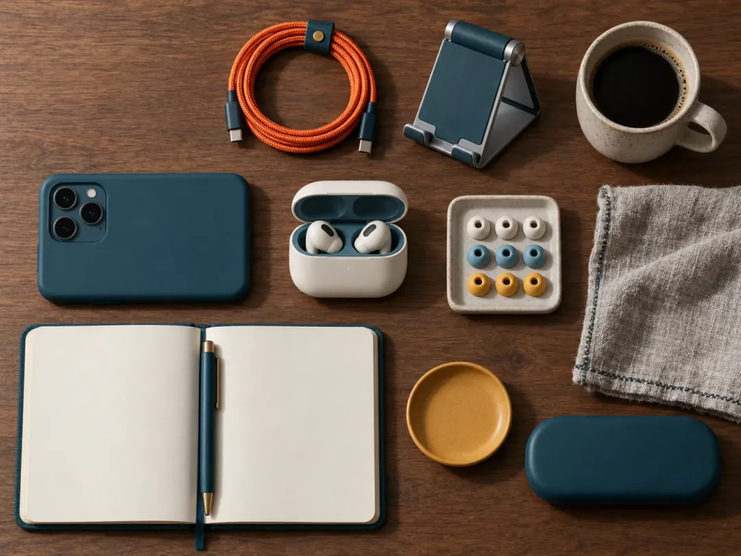 A top-down AI product photo generator example with earbuds, a phone and small desk objects on a warm wood surface.