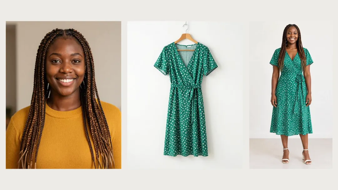A smiling woman with long braids in a mustard sweater, a green polka-dot wrap dress on a hanger, and the same woman standing full body in that dress with white sandals.