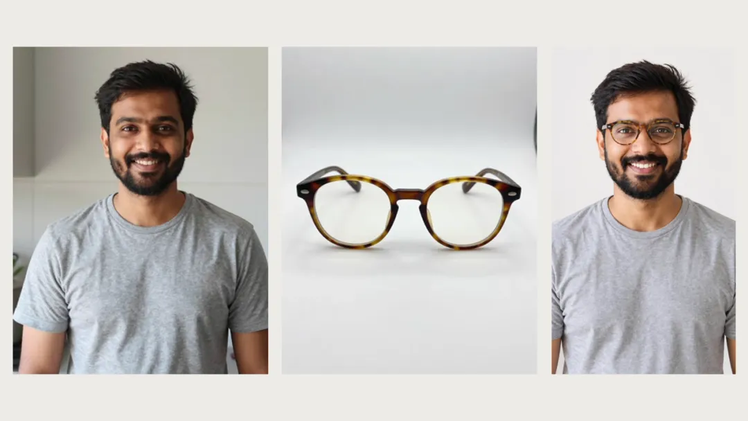 A bearded man in a gray T-shirt, a pair of round tortoiseshell glasses on a white surface, and the same man smiling in those glasses.