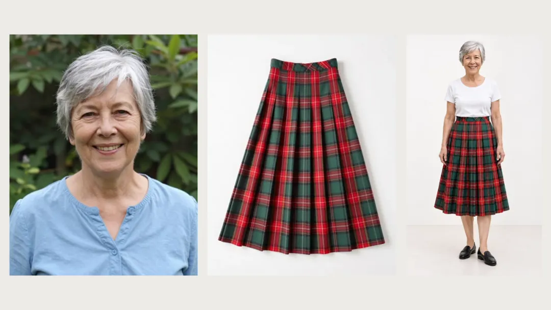 A smiling gray-haired woman in a blue top, a red and green pleated plaid skirt laid flat, and the same woman standing full body in that skirt with a white T-shirt and black flats.