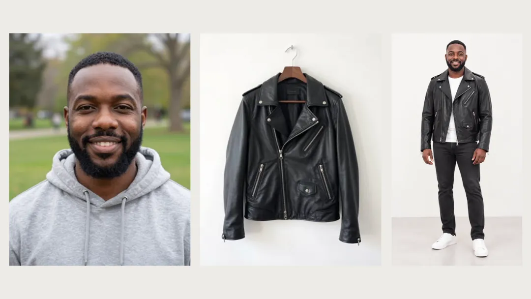 A smiling bearded man in a gray hoodie, a black leather biker jacket on a hanger, and the same man standing full body in that jacket with a white T-shirt, dark jeans and white sneakers.