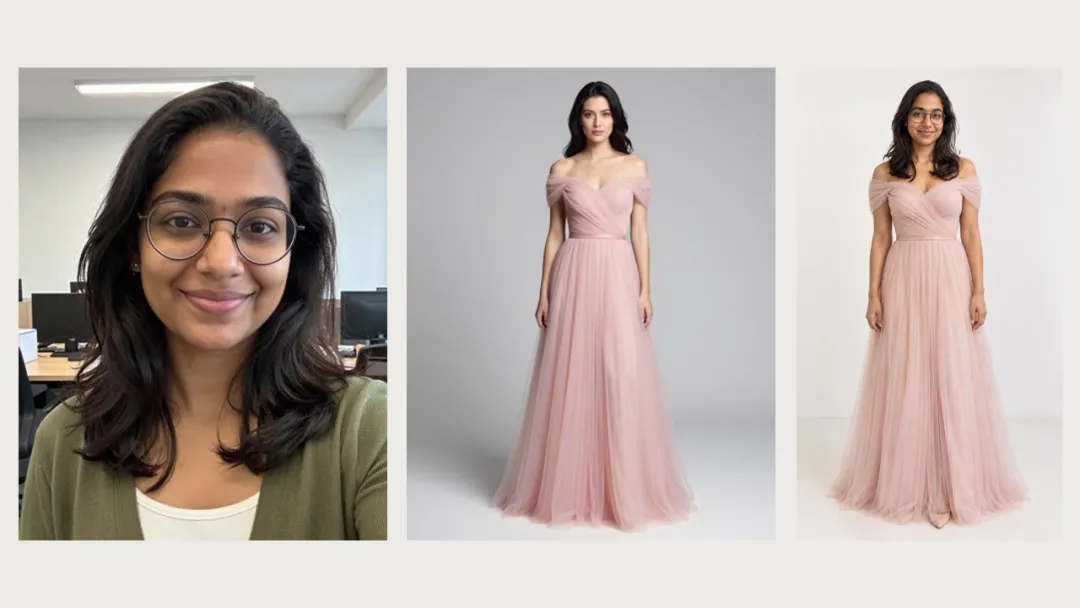 A woman with glasses taking a selfie at an office desk, a model in a pink off-the-shoulder tulle gown, and the selfie woman standing full body in that pink gown.