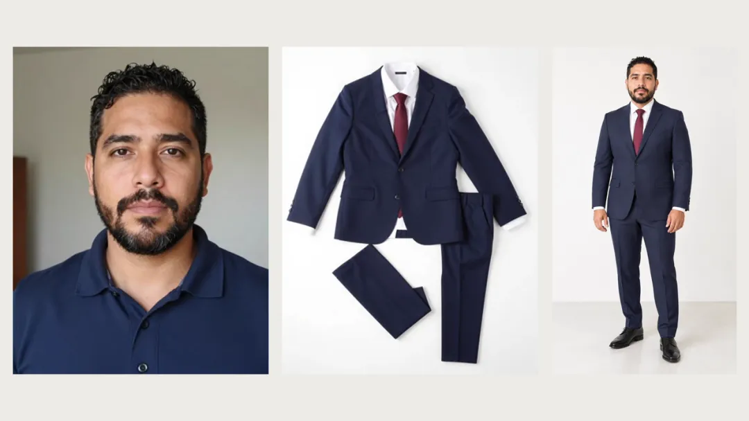 A bearded man in a navy polo shirt, a navy suit with a white shirt and burgundy tie laid flat, and the same man standing full body in that suit with black dress shoes.