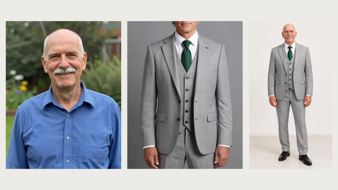 An older man with a white mustache in a blue checked shirt, a gray three-piece suit with a green tie on a cropped model, and the same man standing full body in that suit.