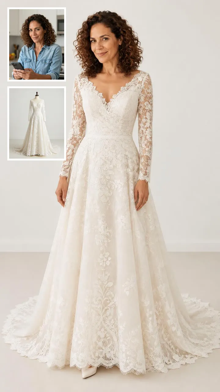What AI virtual try on looks like: people online did it like this, putting a long-sleeve lace wedding dress on a woman from her kitchen selfie.