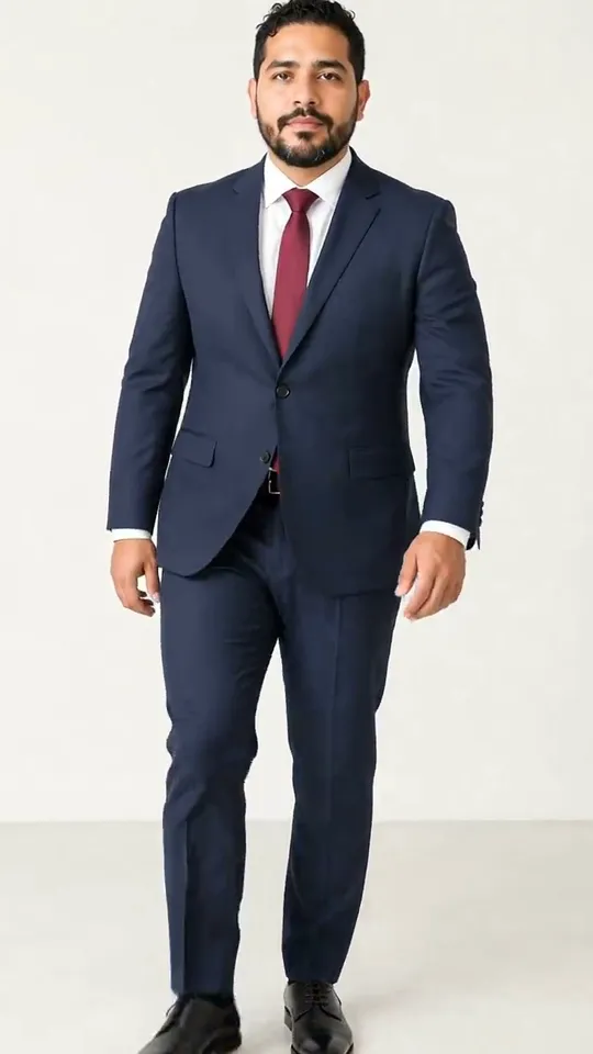 A suit from your clothing photo with a plain shirt and dress shoes, jacket buttoned.