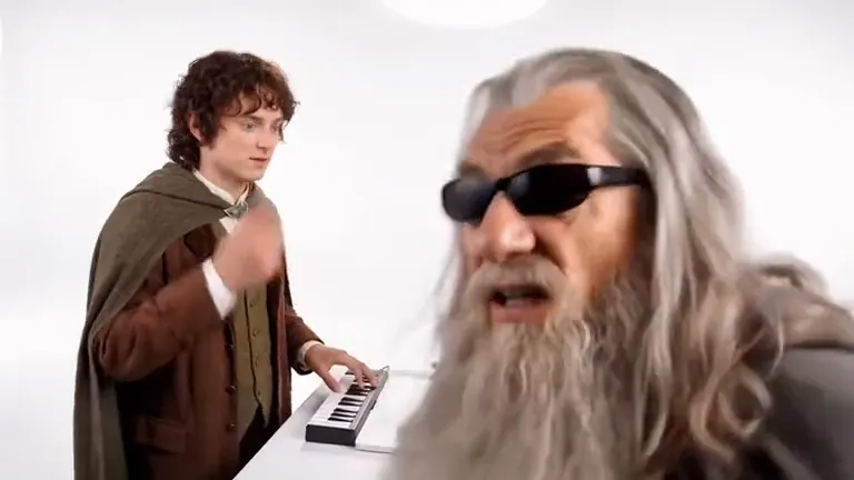 An AI-made grey-bearded wizard in black sunglasses leans into the camera mid-shout while a curly-haired companion in a green cloak plays the keyboard behind him