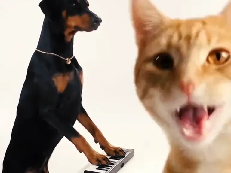 An AI-made Doberman stands on its hind legs at a small keyboard while an orange tabby cat pushes its face right up to the camera with its mouth wide open