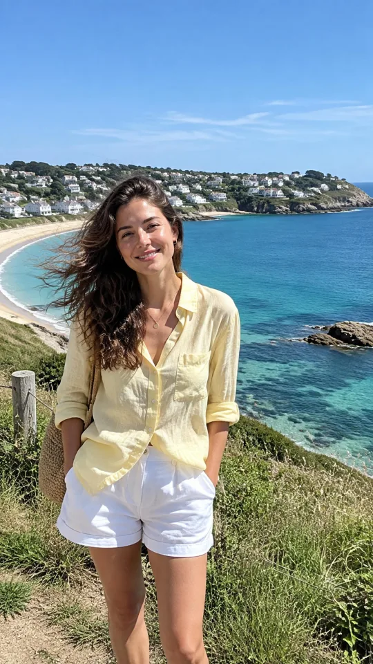 Girl in a light yellow shirt and white shorts standing on a grassy slope by the sea with a bay and white houses behind her