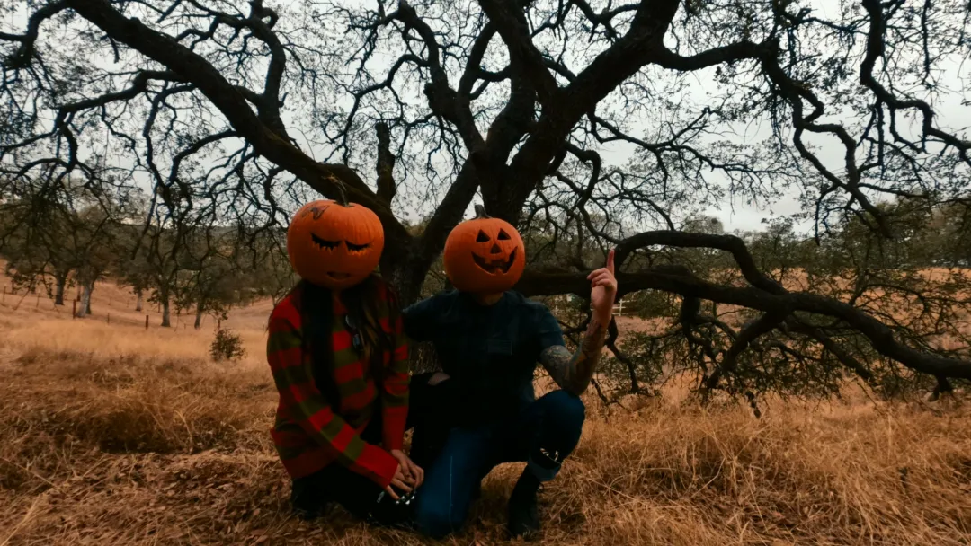 Daytime park selfie on the left and spooky night result with two glowing pumpkins under a moon on the right.