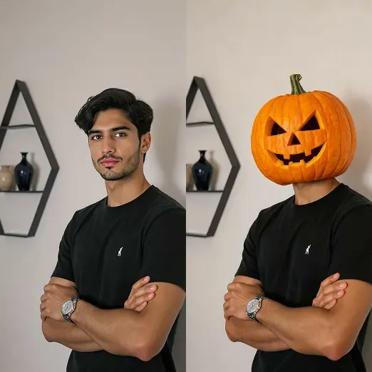 Original campus selfie on the left and the pumpkin head result with glowing orange eyes on the right.