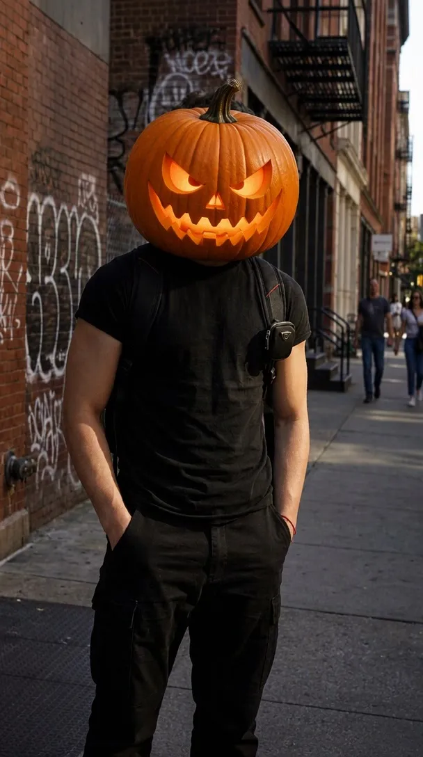 What the Halloween pumpkin head trend looks like: a man in a black T-shirt by a graffiti brick wall, his head replaced by a glowing carved jack-o'-lantern.
