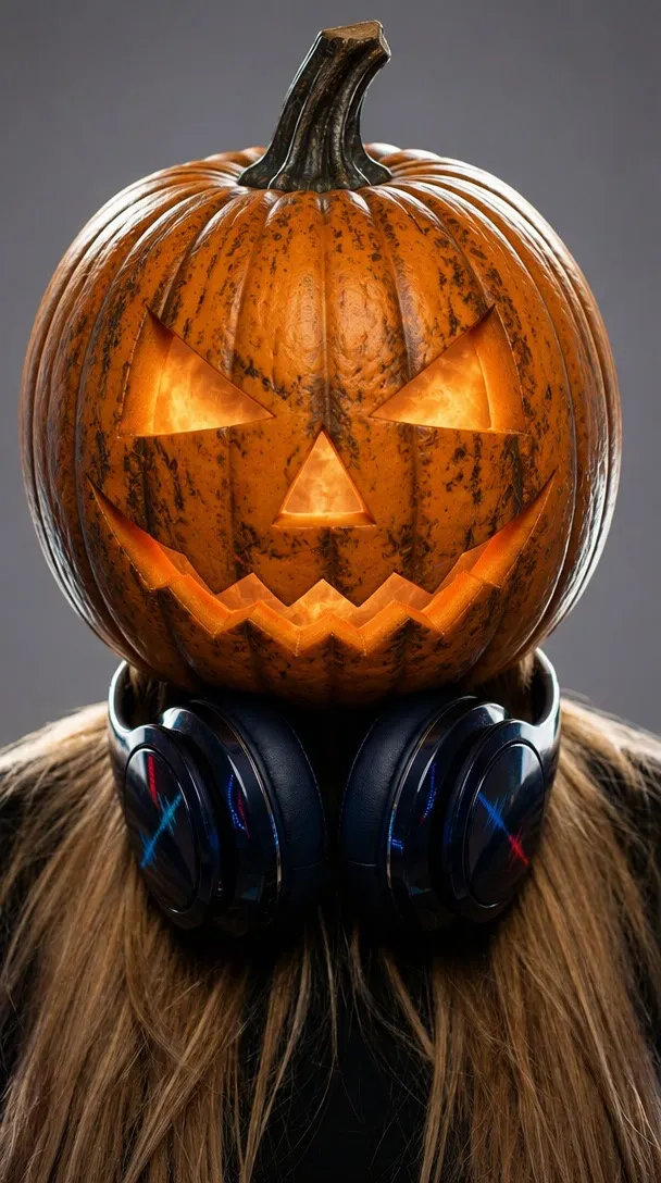 A carved jack-o'-lantern head with an inner candle that glows warm orange while leaving your photo lighting alone.