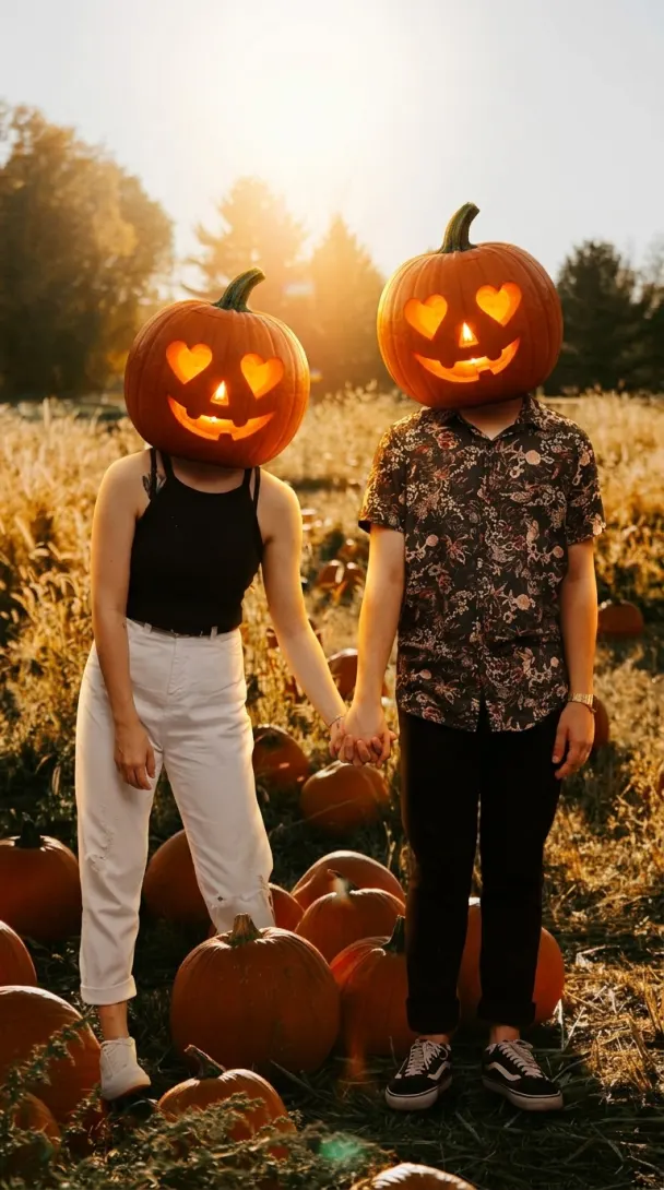 A carved jack-o'-lantern head with two glowing heart-shaped eyes and a sweet curved smile, made for couples.