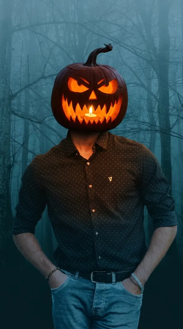 A scary carved jack-o'-lantern head with slanted angry eyes, a deep frown and a mouth full of jagged fangs, glowing fiery orange.