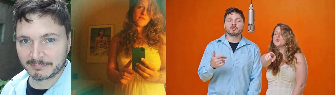 Left: a close-up selfie. Middle: a dim mirror selfie. Right: the two people from those photos standing in the orange hotel lobby studio with a hanging microphone