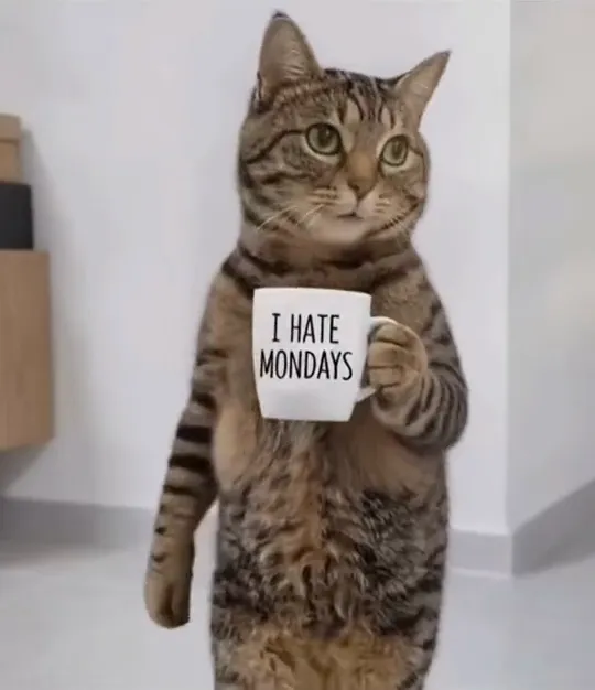 An AI tabby cat stands on its hind legs holding a white mug against its chest with a blank, deadpan face, one hind leg lifted