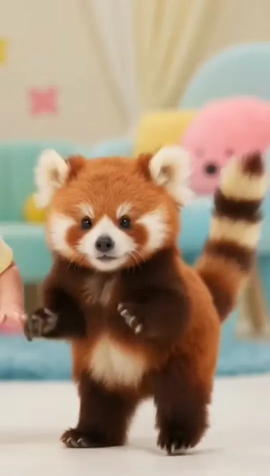 An AI red panda stands on its hind legs in a pastel kids' room, shifting its weight to one side with one hind paw off the floor and a straight face