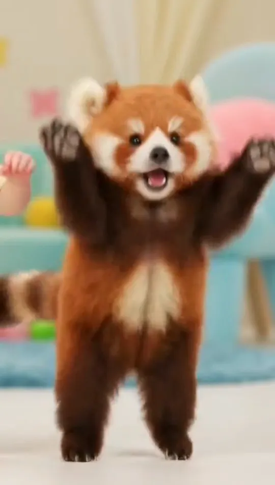 The same AI red panda throws both front paws up and breaks into an open-mouthed grin at the end of the sway