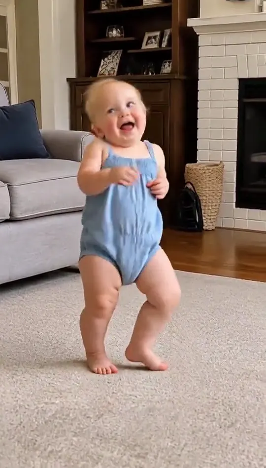 A chubby blonde baby in a blue romper stands barefoot on a living-room carpet, swaying side to side