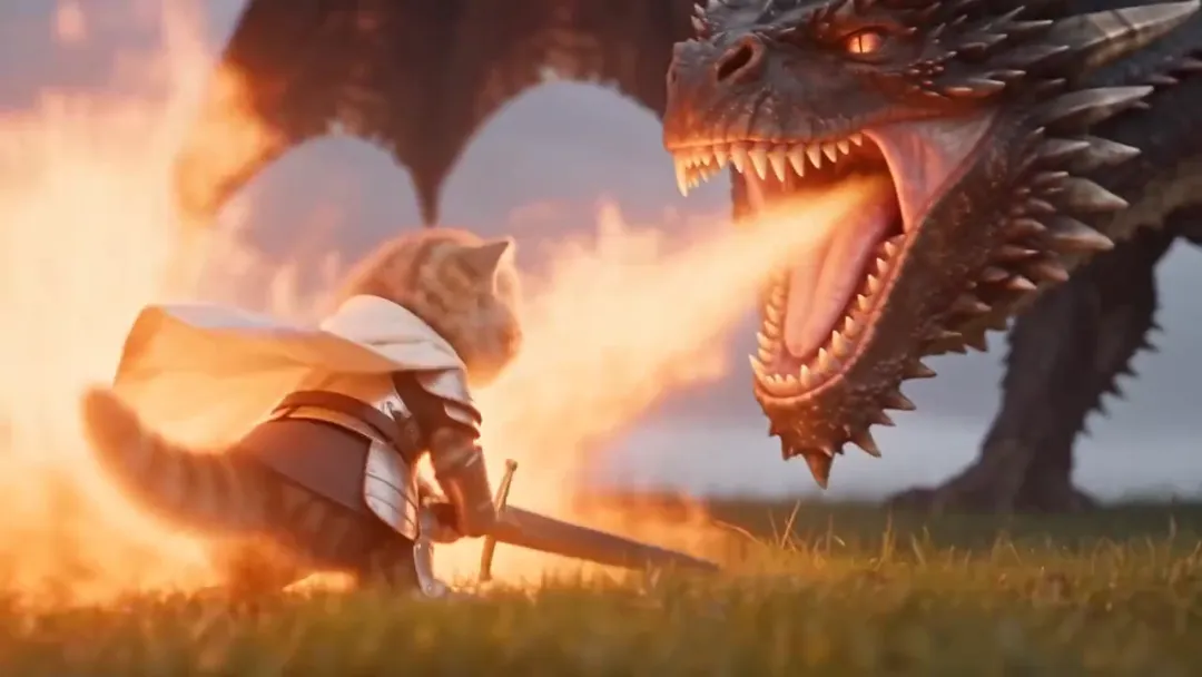 An orange kitten in armor and a white cape holds a sword low while a huge dragon breathes fire over the grass beside it