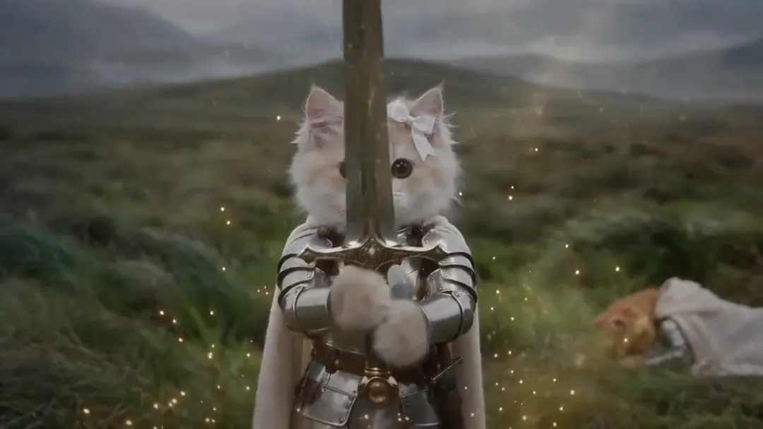 A cream kitten with a pink bow holds a tall sword upright in both paws on a green moor with gold sparks in the air