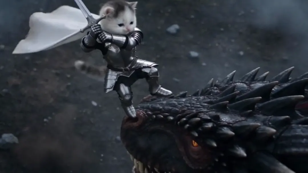 A white kitten in armor and a white cape leaps onto the snout of a black dragon swinging its sword