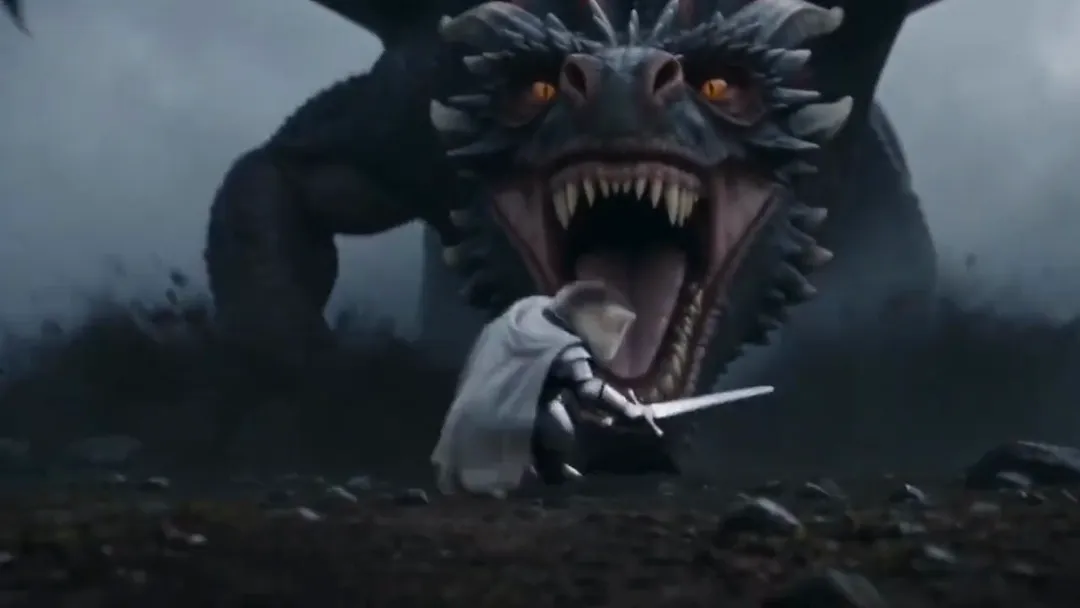 A small knight in a white cape charges with a raised sword at a roaring black dragon on a dark field