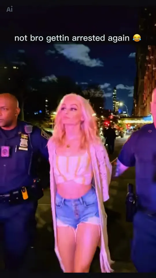 A blonde woman in a cropped top, long cardigan and denim shorts walks between two officers in front of a night city skyline, with the meme caption on screen