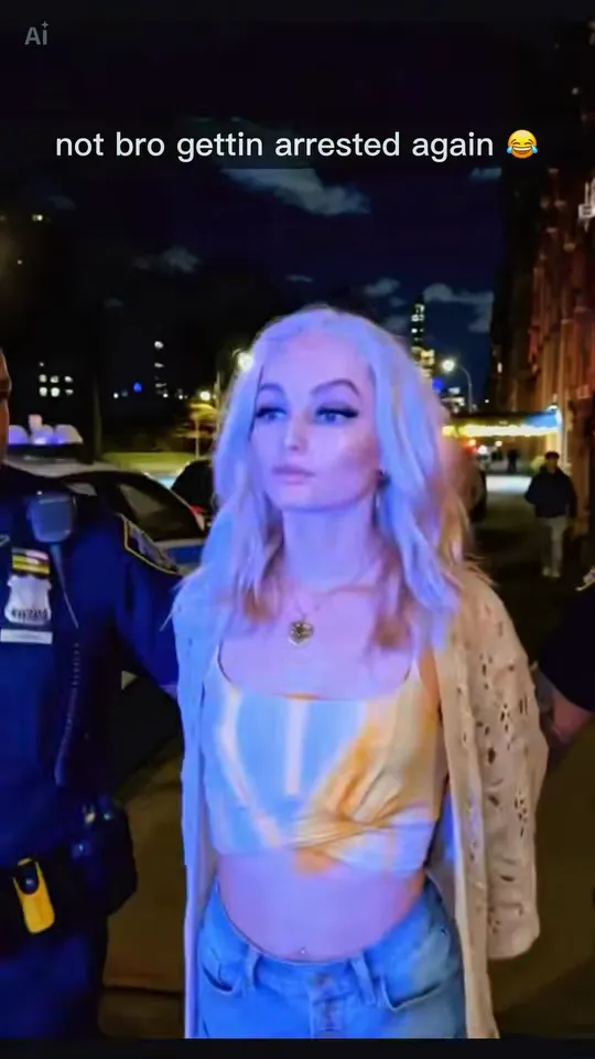 Closer shot of the blonde woman looking straight ahead between the two officers