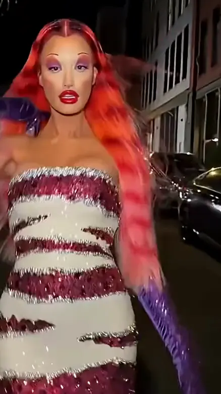 A woman with long red hair, bold red lips and purple gloves strides toward the camera down a night street in a white-and-burgundy sequined gown