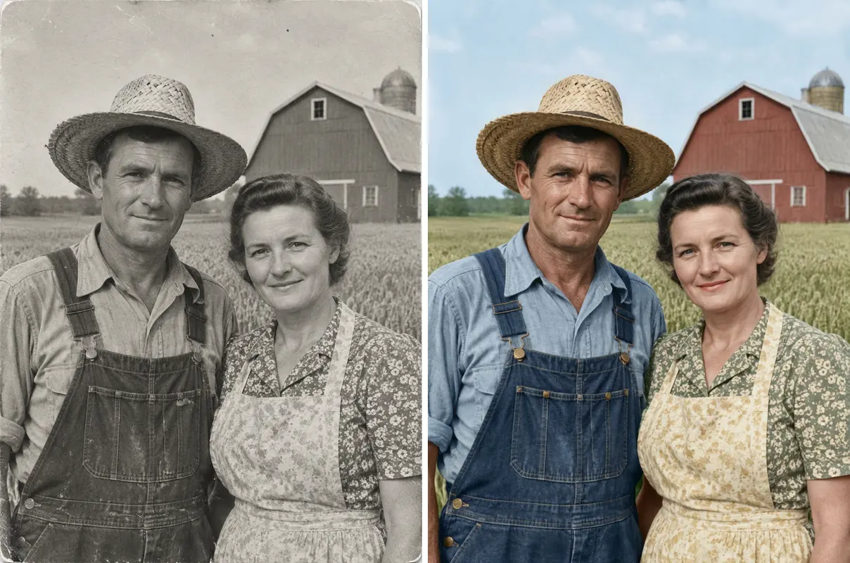 Before and after showing natural color addition to a black and white portrait