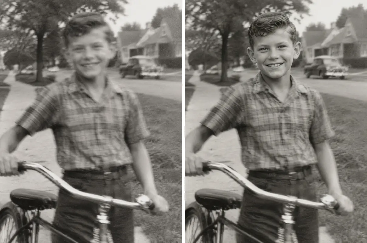 Before and after showing facial clarity enhancement on a blurry portrait