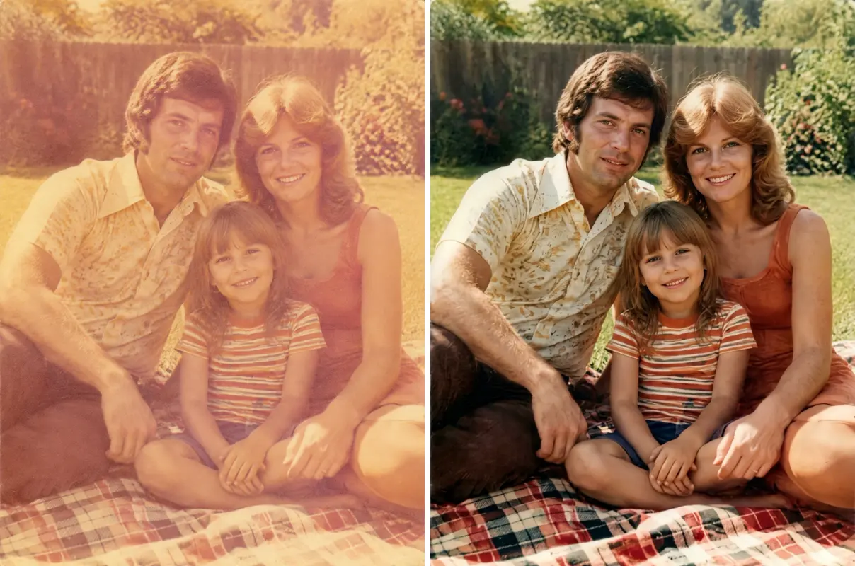 Before and after showing contrast recovery on a faded aged photograph