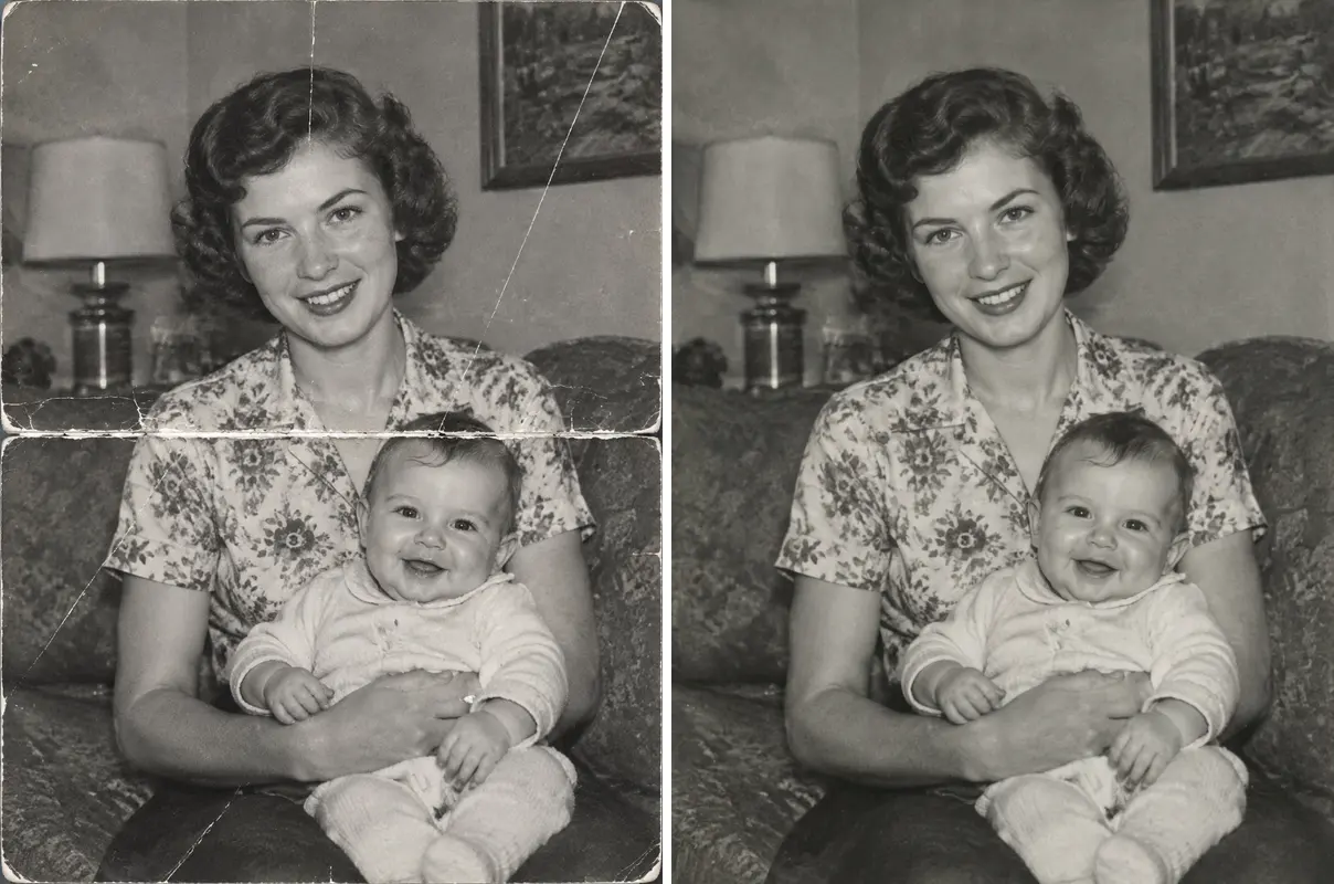 Before and after comparison of physical scratch repair on a vintage print