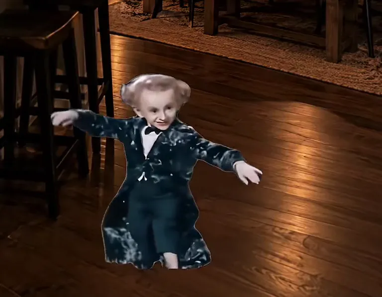 The tiptoeing character is cut out and placed on a wooden dining room floor, creeping forward with arms out like he is sneaking somewhere he should not be