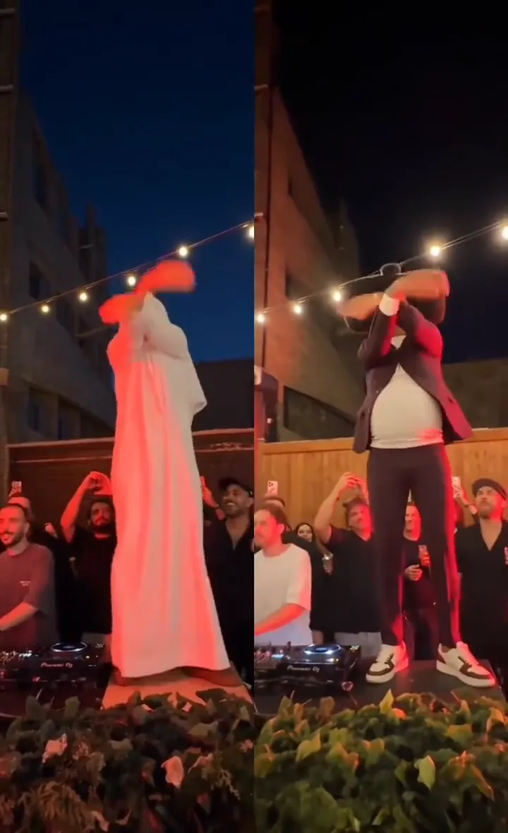 A split screen of the same planter stage: a dancer in a long white robe on the left and a dancer in a dark jacket on the right