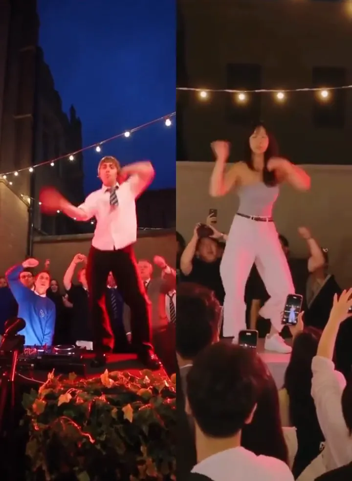 A split screen: a dancer in a white shirt and tie on the left and a dancer in a grey top and white trousers on the right