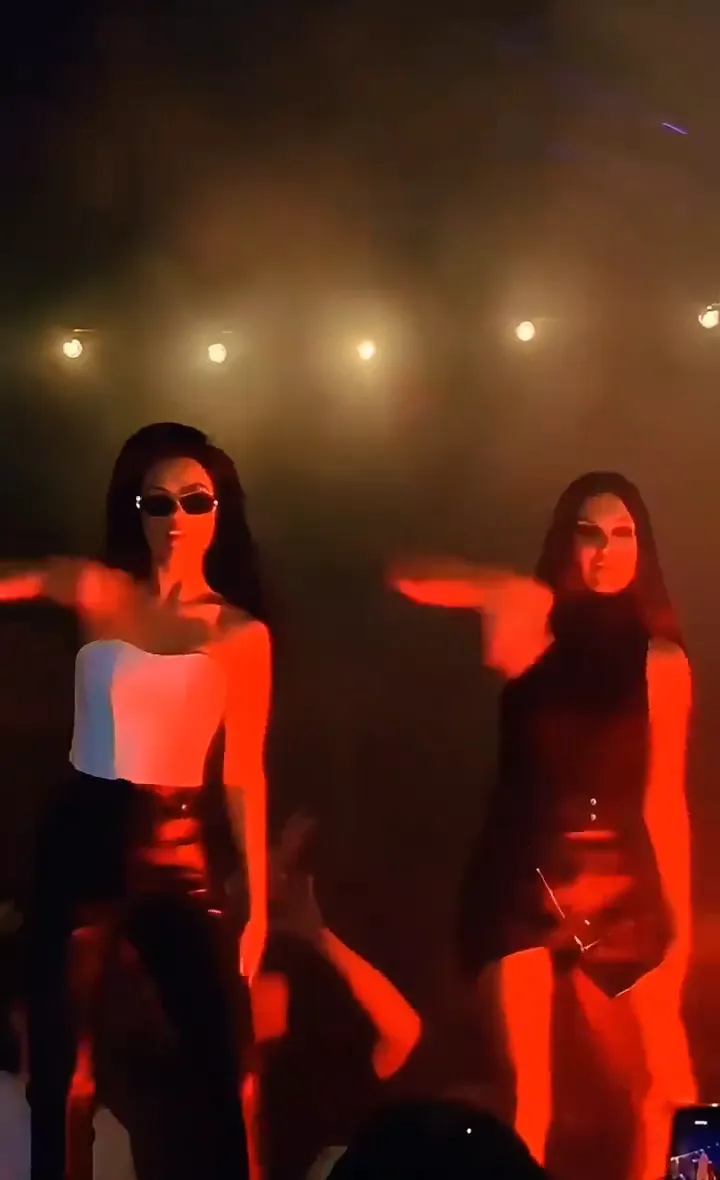 Two dancers in tiny black sunglasses do the Tecktonik arm moves in sync on a red-lit stage full of haze