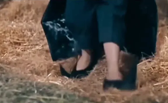 Close-up of pointed shoes on tiptoe in the hay