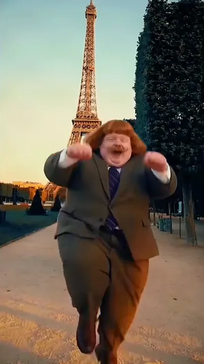 A dancer in a ginger bob wig and brown suit grins with both fists raised in front of the Eiffel Tower